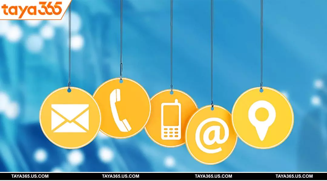 TAYA365 email, hotline, live chat, and address shown